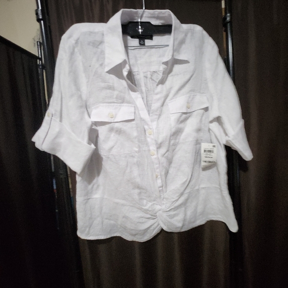 INC 100% linen white knotted button front top roll cuff sleeve  boho cot… - Picture 5 of 12